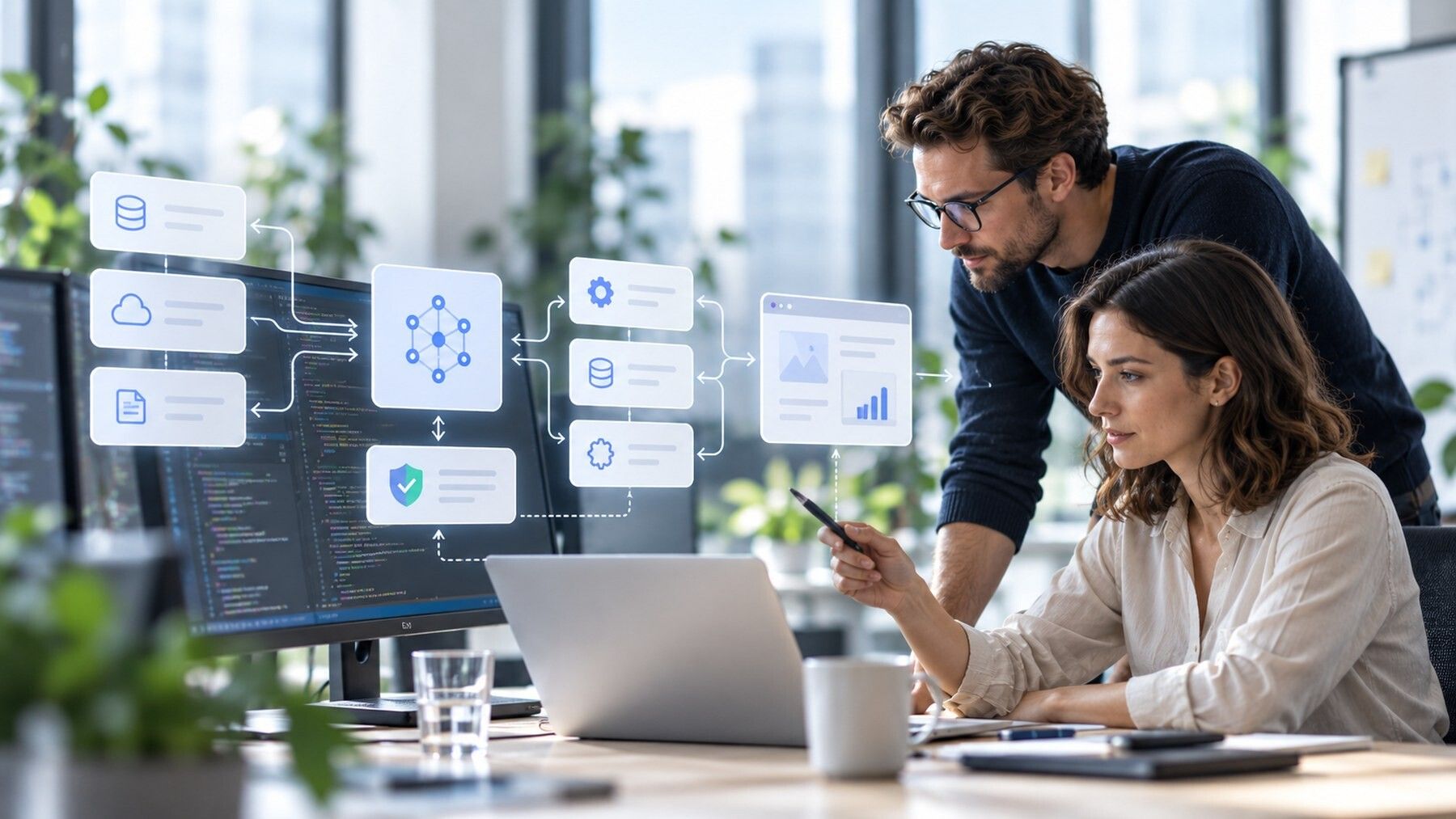 Softwareteam bespricht die Integration mehrerer Systemkomponenten